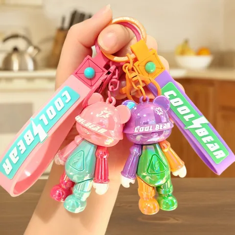 Creative Cartoon Colorful Color Block Bear Keychain PVC Electroplated Soft Rubber Doll Bag Pendant Fashion Key Ring