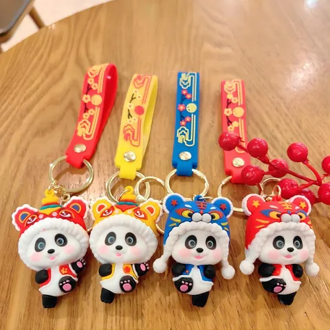 Schattige Nieuwjaar Panda Sleutelhanger Leeuw Tijger Hoed PVC Auto Sleutelhanger Voor Paar Tas Hanger Mode Sleutelhanger Cadeau
