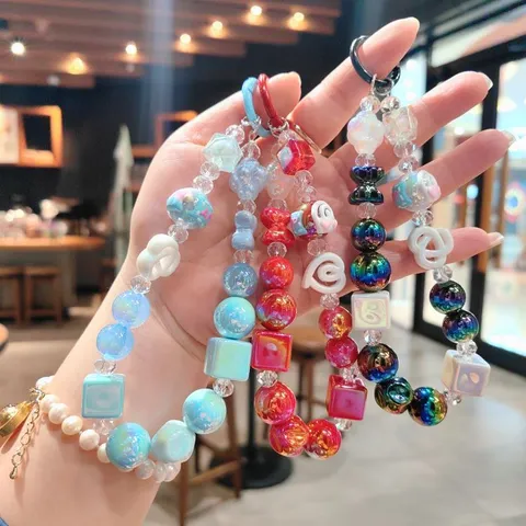 Acrylic Beaded Keychain Cute Cartoon Bag Charm Aesthetic Phone Lanyard Women Girls Fashion Key Ring Handbag Pendant