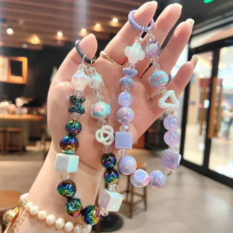 Acrylic Beaded Keychain Cute Cartoon Bag Charm Aesthetic Phone Lanyard Women Girls Fashion Key Ring Handbag Pendant