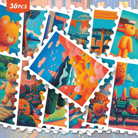 Autocollants de Timbres de Paysage de Petit Ours Dopamine Imperméable PVC Mignon Dessin Animé DIY Journal Bagage Autocollant Décoratif