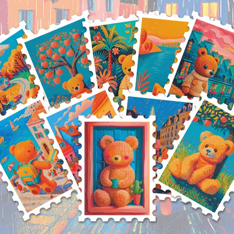 Autocollants de Timbres de Paysage de Petit Ours Dopamine Imperméable PVC Mignon Dessin Animé DIY Journal Bagage Autocollant Décoratif