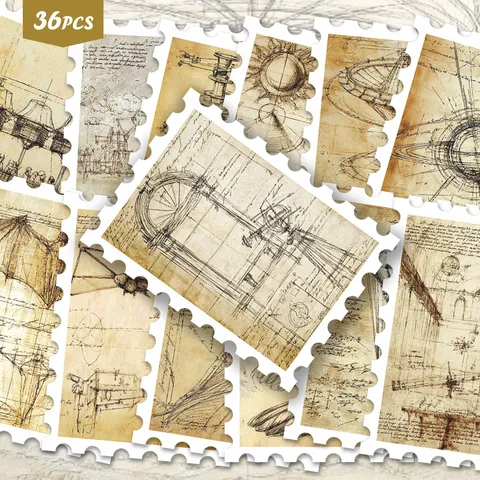 Adesivi con Timbri di Manoscritti Retro Da Vinci Estetici Line Art PVC Decalcomanie per Fai da Te Diario Scrapbooking Guka Decorazione
