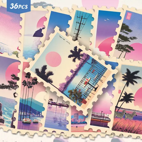 Adesivi per Francobolli Spiaggia Vaporwave Giapponese Retro Neon Estetica Diario Bagagli Decorativi PVC Impermeabili