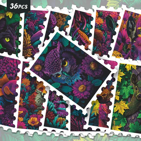 Adesivi per Francobolli di Animali e Piante Neon Psichedelico Adesivi Decorativi Impermeabili per Diario Scrapbooking Bagaglio Fai da Te