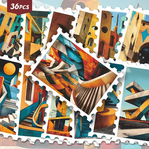 Adesivi Francobollo Architettura Geometrica Bauhaus Retro Color-blocking Impermeabile DIY Decorativo