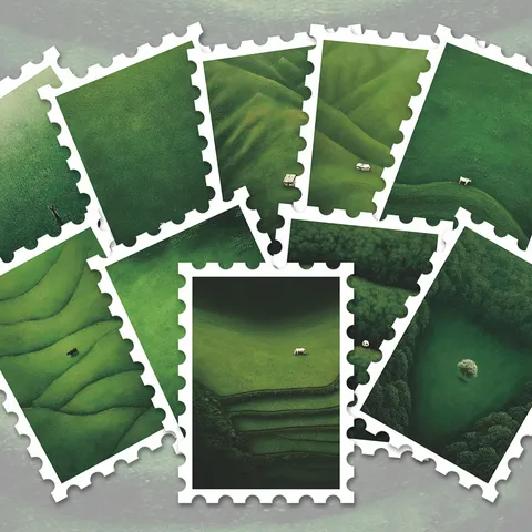 Adesivi di Francobolli Paesaggio Aereo Verde Foresta Stile Curativo Fresco Adesivi Decorativi per Diario Valigia