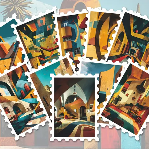 Adesivi Francobollo Architettura Geometrica Bauhaus Retro Color-blocking Impermeabile DIY Decorativo