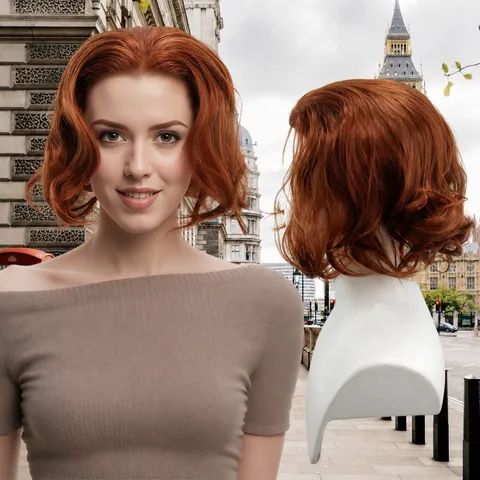 Damen Retro Rotbraun Kurze Wellige Synthetische Perücke Lockiges Haar Hitzebeständige Faser Perücke