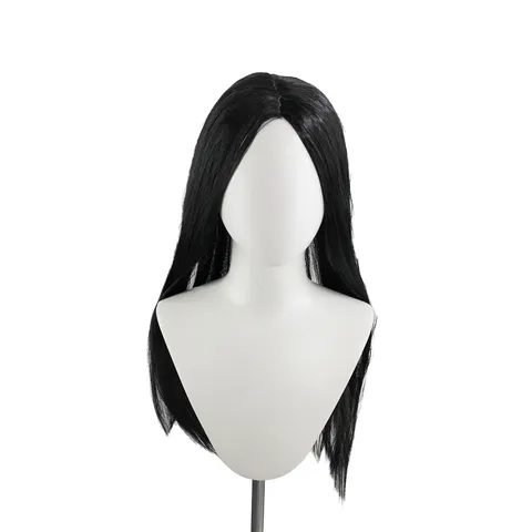 Halloween Cosplay Parrucca Nera Lunga e Liscia Capelli Sintetici per Donna Anime Festa Costume Naturale Riga in Mezzo