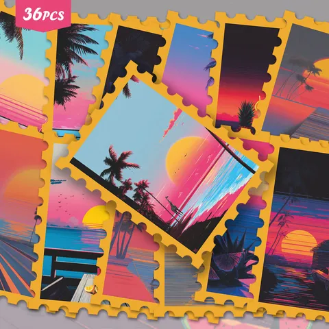 Vaporwave Retro Neon Tramonto Spiaggia Francobollo Adesivi Estetici Impermeabili PVC Decalcomanie Per Diario Bagaglio Scrapbooking