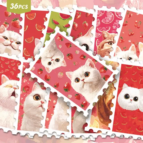 Carini Adesivi in Stile Francobollo di Gatti Frutta Rossa Adesivi Decorativi Estetici per Manuale DIY Scrapbooking Journal Forniture
