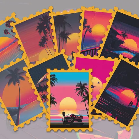 Vaporwave Retro Neon Tramonto Spiaggia Francobollo Adesivi Estetici Impermeabili PVC Decalcomanie Per Diario Bagaglio Scrapbooking