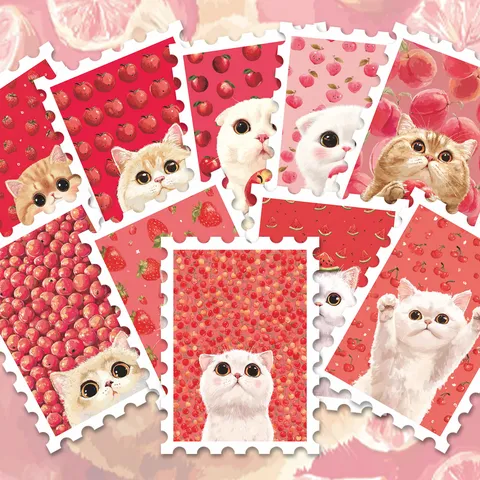 Carini Adesivi in Stile Francobollo di Gatti Frutta Rossa Adesivi Decorativi Estetici per Manuale DIY Scrapbooking Journal Forniture