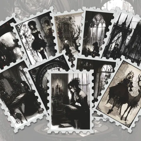 Adesivi per Francobolli in Stile Gotico Scuro Illustrazione di Ragazza Vintage Estetica Decalcomania in PVC Impermeabile Per Diario Valigia Decorazione Fai-da-te
