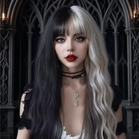 Fashion Long Curly Wig With Bangs High Temperature Silk Black Gray Two Tone Wig Natural Wavy Hair Women Hairpiece