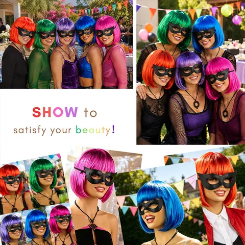 Gradient Bob Wig With Catwoman Leather Mask Masquerade Party Cosplay Costume Synthetic Short Straight Wig Set