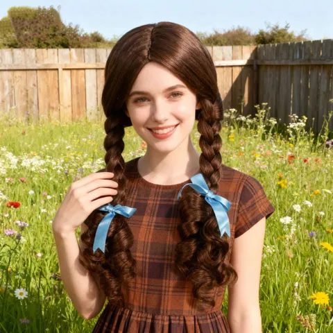 Brown Double Braids Curly Hair Wig With Blue Ribbon Lolita Cosplay Anime Character Styling Synthetic Hair For Women