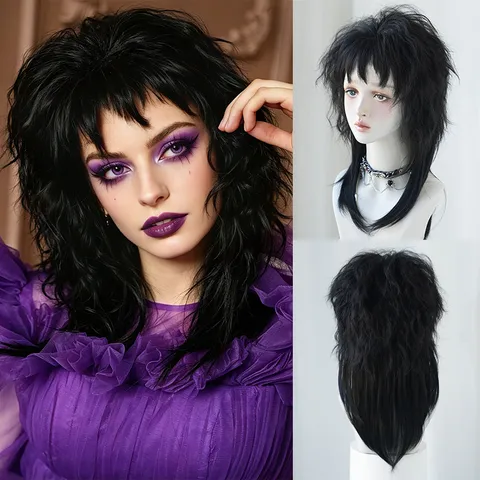 Gothic Black Mullet Wig For Women Layered Shaggy Full Head Cover Dark Rock Halloween Cosplay Party Wig