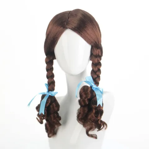 Brown Double Braids Curly Hair Wig With Blue Ribbon Lolita Cosplay Anime Character Styling Synthetic Hair For Women