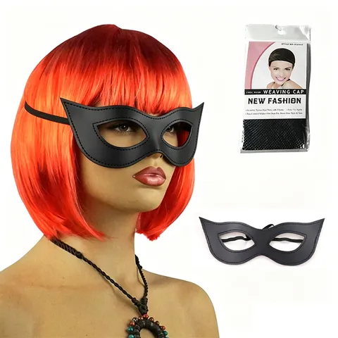 Gradient Bob Wig With Catwoman Leather Mask Masquerade Party Cosplay Costume Synthetic Short Straight Wig Set