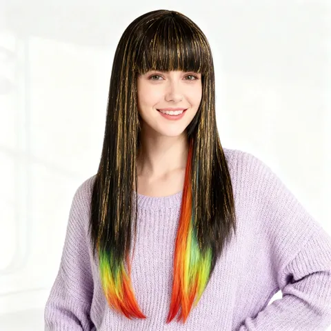 Lange Glatte Lolita Perücke Mit Pony Schwarze Regenbogen Strähnen Synthetisches Haar Hochtemperaturfaser Party Perücke