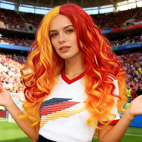 Colorful Anime Cosplay Long Curly Wig World Cup Fan Party Dress Up Synthetic Hair Wig With Middle Part