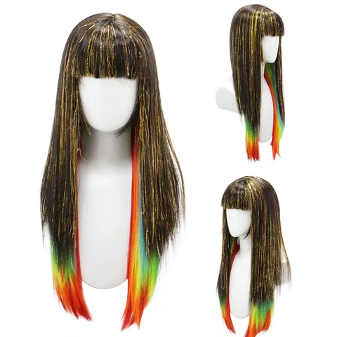 Lange Glatte Lolita Perücke Mit Pony Schwarze Regenbogen Strähnen Synthetisches Haar Hochtemperaturfaser Party Perücke