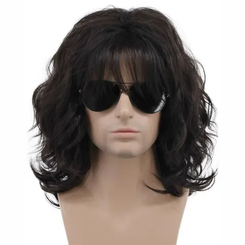Men's Short Curly Wig 80s Punk Rock Style Synthetic Hair Middle Part Fluffy Air Bangs Wig For Party Stage Performance