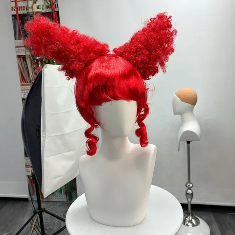 Halloween Cosplay Red Queen Wig Short Curly Hair with Double Horns Bangs Synthetic Fiber Anime Party Wig
