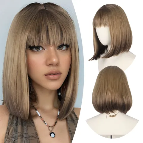 Fashion Short Straight Bob Wig With Bangs Gradient Color Synthetic Hair Natural Look Wig For Women Daily Party