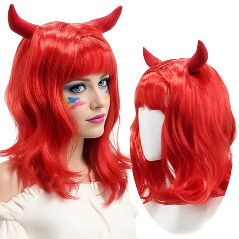 Devil Horn Synthetic Wig Short Curly Hair Cosplay Party Stage Funny Headgear Sweet Cool Style Wig For Women