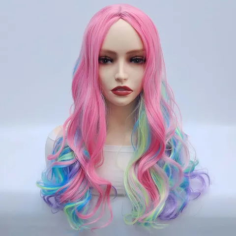 Donne Moda Parrucca Lunga Riccia Colore Sfumato Anime Capelli Sintetici Riga in Mezzo Parrucca Ondulata per Festa Quotidiana
