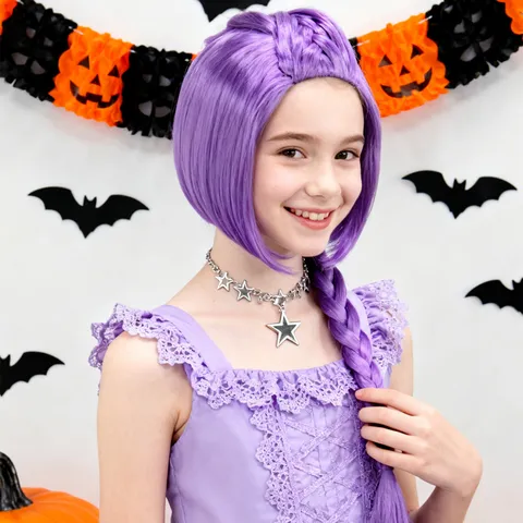 Kids Anime Cosplay Wig Purple Single Braided Hair Wig Synthetic Low Temperature Fiber Children Role Play Hair Accessories