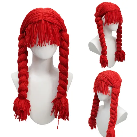 Red Woolen Knitted Funny Wig Twin Braids Bangs Cosplay Costume Party Prop Hair Wig for Women Festival Party Dress Up
