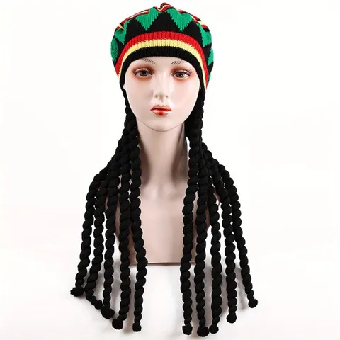 Reggae Style Knitted Beret Hat With Long Dreadlocks Braids Wig Halloween Party Cosplay Fashion Headwear Accessories