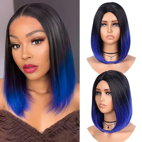 European American Fashion Gradient Short Straight Wig High Temp Synthetic Fiber Bob Hair Wig For Women Daily Styling