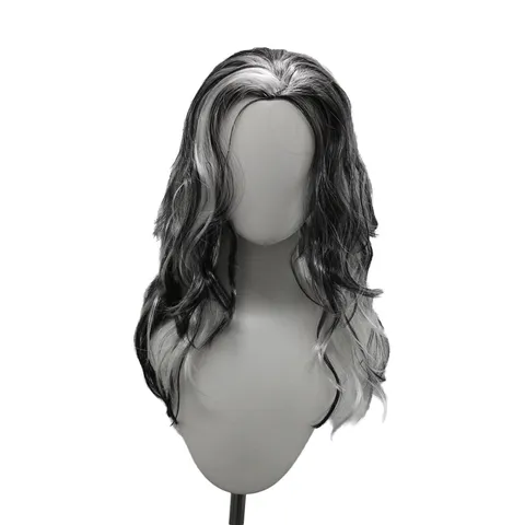 Perruque Ondulée Longue de Cosplay d'Halloween Mèches Noires et Blanches Pièce de Cheveux de Costume de Vampire Loup-Garou pour Fête