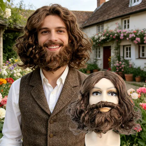 Heren Jezus Pruik en Baard Set Bruin Lang Krullend Haar Kostuum Pruik voor Halloween Kerstmis Feest