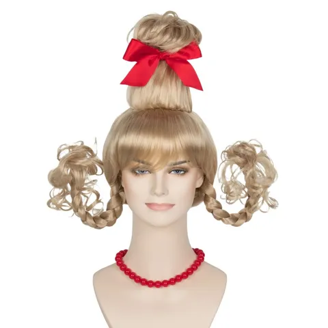 Synthetic Fiber Christmas Cosplay Wig Golden Dual Braids Bowknot Hair Wig Festive Party Holiday Styling Wig