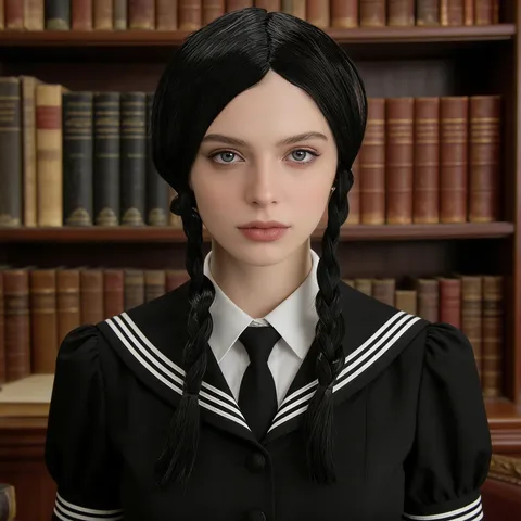 Gothic Black Twin Braids Wig Long Pigtails Synthetic Hair Wig For Women Daily Cosplay Party Styling Hair Accessories