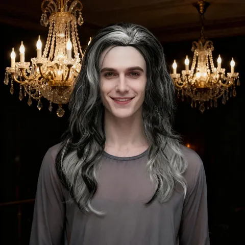 Perruque Ondulée Longue de Cosplay d'Halloween Mèches Noires et Blanches Pièce de Cheveux de Costume de Vampire Loup-Garou pour Fête