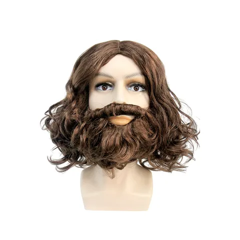 Heren Jezus Pruik en Baard Set Bruin Lang Krullend Haar Kostuum Pruik voor Halloween Kerstmis Feest