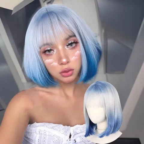 Fashion Short Straight Bob Wig With Bangs Gradient Color Synthetic Hair Natural Look Wig For Women Daily Party