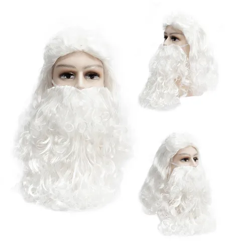 White Long Curly Santa Claus Wig With Big Beard Synthetic Fiber Christmas Costume Cosplay Party Hair Wig For Men