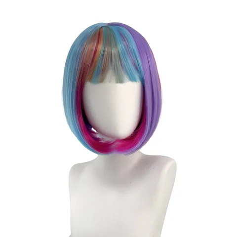 Short Bob Wig With Neat Bangs Mixed Color Blue Purple Synthetic Hair Natural Looking Wig For Women Daily Party Cosplay