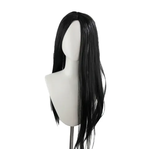 Halloween Cosplay Parrucca Nera Lunga e Liscia Capelli Sintetici per Donna Anime Festa Costume Naturale Riga in Mezzo