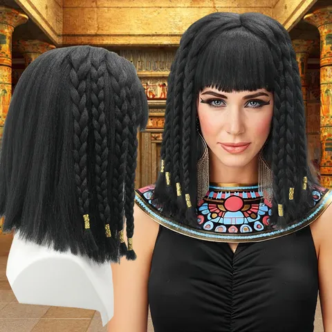 Cosplay Wig Cleopatra Style Bangs Braids Beads Synthetic Hair Short Bob Wigs For Party Anime Costumes Women