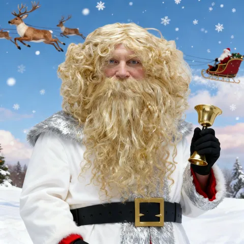 Gouden Lange Krullende Kerstman Pruik en Baard Set Voor Kerstfeest Cosplay