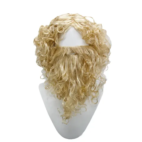Gouden Lange Krullende Kerstman Pruik en Baard Set Voor Kerstfeest Cosplay
